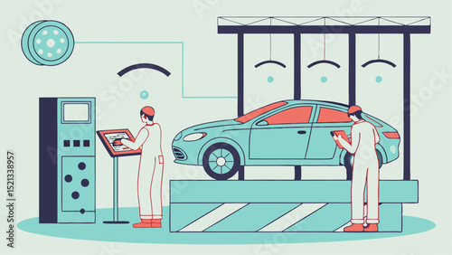 Car service scene showing mechanics inspecting a car on a lift and using diagnostic equipment in a garage