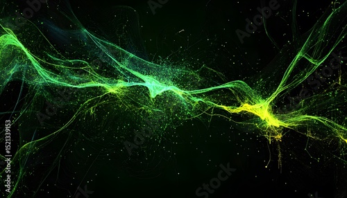 Abstract design with vibrant green and yellow particles.
