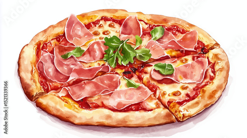 Vector illustration, watercolor painting of Prosciutto Pizza, isolated on a white background.