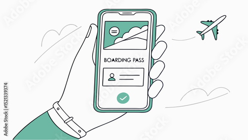 Hand holding a smartphone displaying a boarding pass with an airplane flying in the background in a simple design