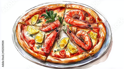 Vector illustration, watercolor painting of Pizza with seafood, isolated on a white background.
