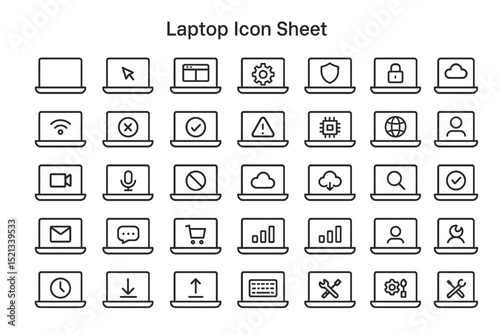 Laptop Icons: A set of minimalist laptop icons designed for user interfaces and web design, displaying various functions and symbols.
