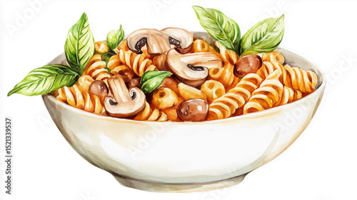 Vector illustration, watercolor painting of Italian Pasta with mushrooms and vegetable, isolated on a white background.