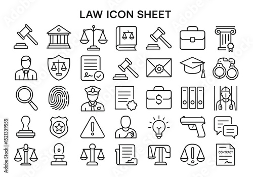Law Icon Sheet: A comprehensive collection of meticulously designed law-related icons, representing various legal concepts and symbols.