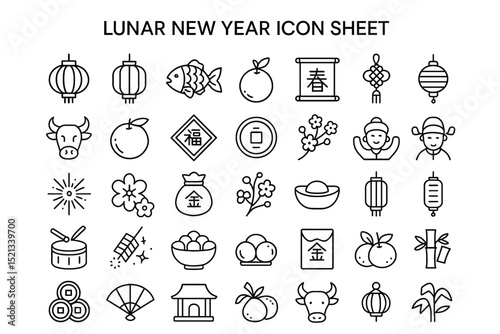 Festive Lunar New Year Icons: A collection of meticulously crafted line art icons that embody the spirit of Lunar New Year. Each symbol, from traditional lanterns to auspicious fruits.