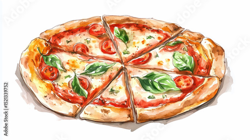 Vector illustration, watercolor painting of Italian Pizza, isolated on a white background.