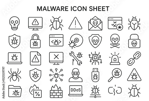Cyber Threat Symbols: A concise and meticulously crafted icon sheet visually delineates the diverse threats within the digital domain.