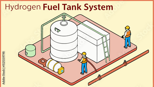 Isometric view of hydrogen fuel tank system with workers and various components on a platform setup