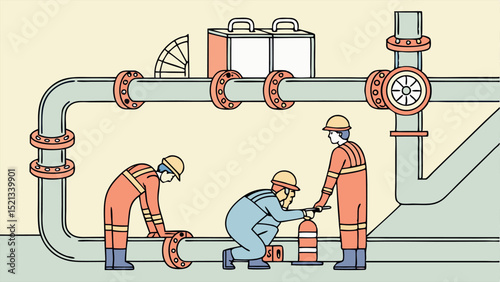 Three workers in uniform working on a pipeline with flanges and valves in an industrial setting scene