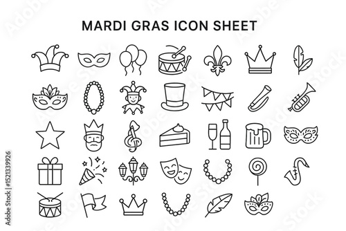 Mardi Gras Icon Set: A comprehensive collection of Mardi Gras icons, featuring masks, crowns, beads, trumpets, and more, perfect for adding a festive touch to your designs.