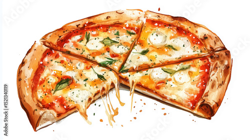 Vector illustration, watercolor painting of Italian Pizza, isolated on a white background.