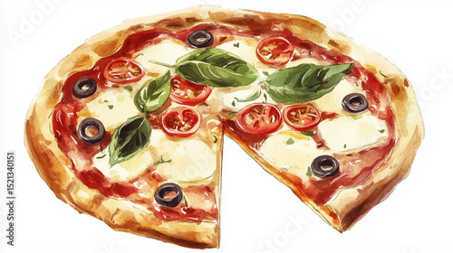 Vector illustration, watercolor painting of Italian Pizza, isolated on a white background.