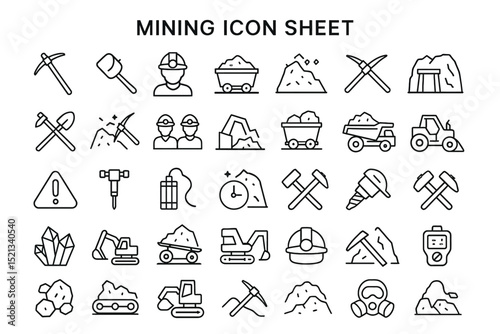 Mining Icon Sheet: A comprehensive collection of mining icons, including pickaxes, shovels, miners, mining carts, ore, and heavy machinery, ideal for web design, app development, or presentations.