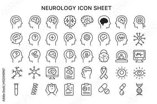 Neurology Icon Sheet: A comprehensive collection of line icons related to neurology, perfect for medical websites, apps, and presentations.