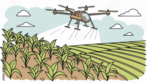 Illustration of a drone spraying crops over a field with clouds in the sky on a sunny day scene