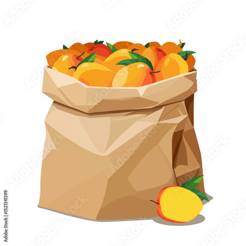 Paper bag full of mango . Vector fruit illustration in flat style. Summer clipart for diet design
