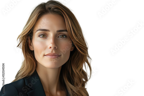 Portrait of a beautiful woman with long brown hair, wearing a dark blazer. background removed