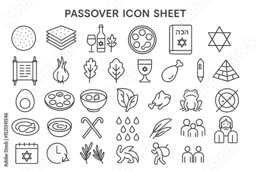 Passover Icon Sheet: Symbolic elements of the Passover celebration are meticulously arranged, illustrating core traditions. Explore the imagery of matzah, wine, seder plate, and more.