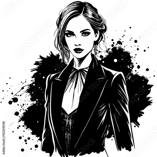 The Confident Professional: A powerful and elegant illustration of a woman in a tailored suit, embodying confidence and poise with an artistic flair.
