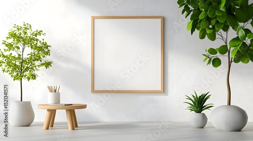 Sunlit office workspace with blank poster frame