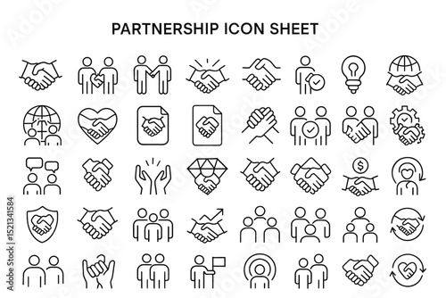 Partnership Icon Set: A comprehensive collection of stylized icons representing collaboration, agreement, and unity, perfect for illustrating business relationships and cooperative ventures.