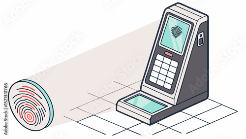Isometric fingerprint scanner with keypad and screen displaying fingerprint on tiled floor surface