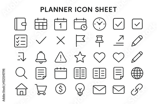 Icon Set Planner : An organized set of planner icon graphic resources, tailored for digital interface or print design, creating a smooth user experience. 