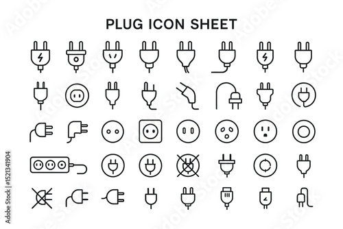 Plug Icon Sheet: A comprehensive sheet featuring a variety of plug icons, each meticulously crafted to represent different types of electrical connections and compatibility in line art design.