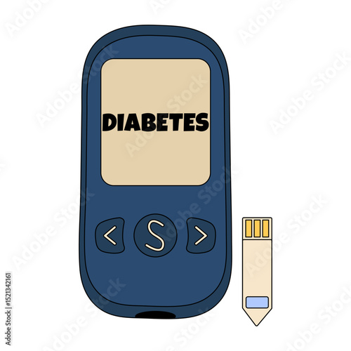 Digital blood glucose meter, or closeup glucometer, with separate test strip and diabetes label, symbol of self-monitoring for diabetes management. Concept of diabetes mellitus, chronic illness.