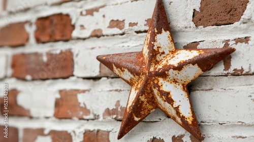 A weathered brick wall featuring a rusted five-pointed star, symbolizing rustic charm and individuality, adding character and depth to the industrial aesthetic.