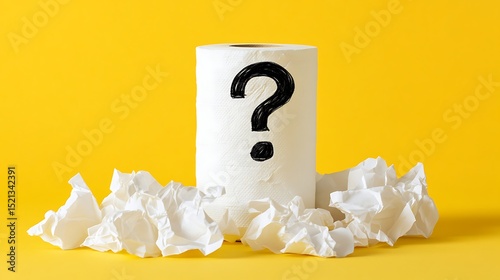 White Toilet Paper Roll With Black Question Mark Surrounded By Crumpled Paper Against A Bright Yellow Backdrop