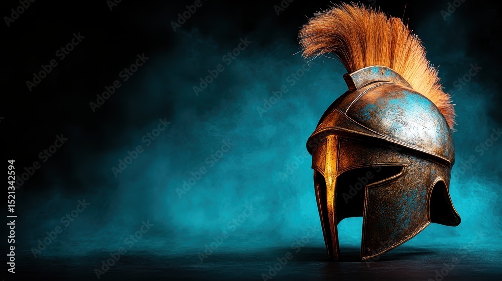 Obraz premium An ancient gladiator helmet, intricately designed with a plume, reflecting the valor and history of classic battles, invoking themes of bravery and historical significance.