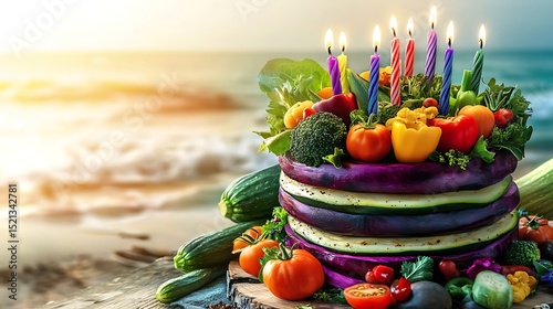 Festive Vegetable Cake with Lit Candles on a Sandy Beach near Ocean at Sunset with Warm Lighting