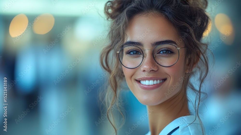 Fototapeta premium Smiling woman with glasses and a white shirt in a building doctor