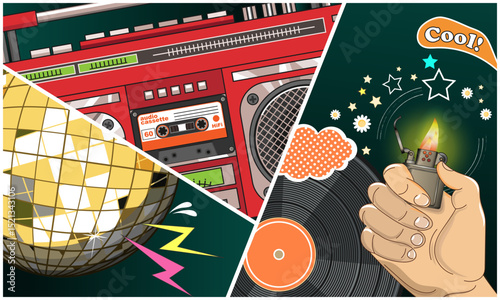 Multicolored collage with cassette tape recorder, vinyl record, disco ball and hand with burning lighter. Nostalgia for the 80s. Vector illustration
