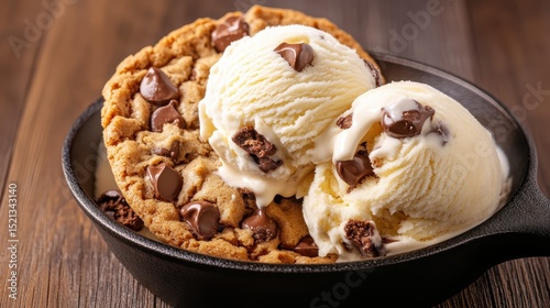 This mouth-watering image features a warm chocolate chip cookie topped with ice cream, inviting indulgence and comfort, perfect for desserts and culinary delight.