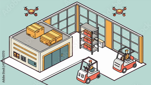 Isometric warehouse interior scene showing forklifts drones boxes and shelving units in a logistics setting
