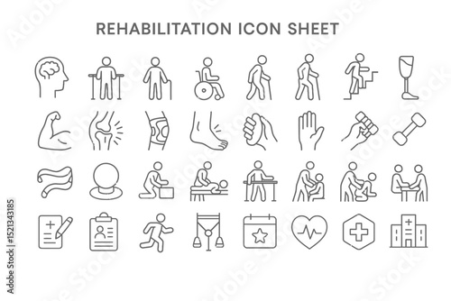 Rehabilitation Icon Sheet: An inclusive set of minimalistic icons representing various aspects of physical therapy, medical care, and well-being.
