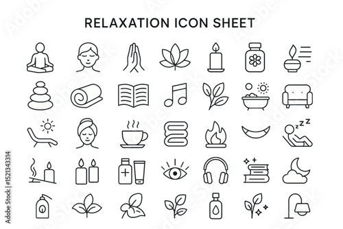 Serene Icons for Relaxation: This vector illustration features a collection of icons related to relaxation, perfect for design, websites, and printed materials.