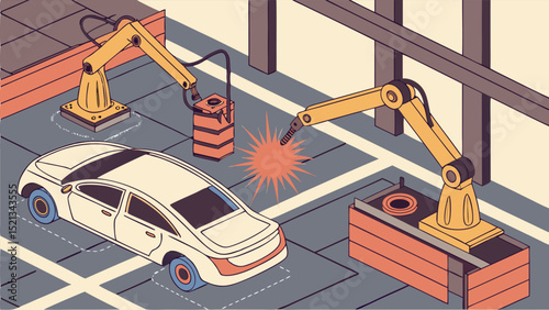 Illustration of a car manufacturing process with robotic arms and welding in a factory setting scene