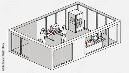 Isometric view of a cleanroom with two workers in protective suits operating equipment and computers