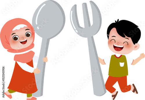 boy and girl with spoon and fork