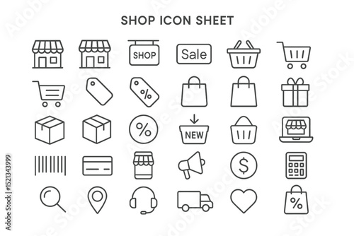 E-commerce and Retail Icons: A comprehensive collection of line art icons represents various aspects of online shopping and retail, perfect for e-commerce platforms. 
