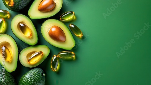 This aesthetic presentation features freshly halved avocados alongside soft gel supplements, illustrating the harmony between healthy eating and well-being.