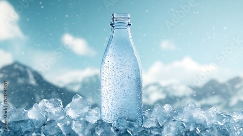 Clear Water Bottle Resting On Crushed Ice With Snowcapped Mountains And Frosty Background