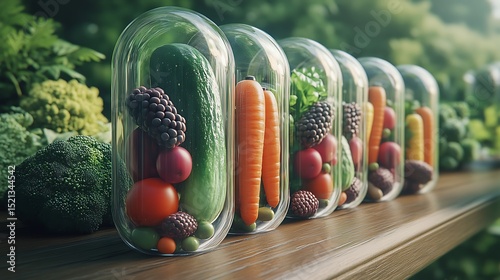 Fresh Organic Vegetables and Berries Inside Capsules on a Wooden Shelf against a Green Blurred Background with Daylight