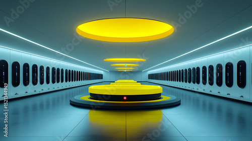 Futuristic tunnel interior with yellow lights and platform for sci fi concept art and design ideas