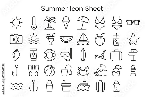 Summer Icon Sheet: An array of summery black line icons on a sheet evokes carefree days at the beach.