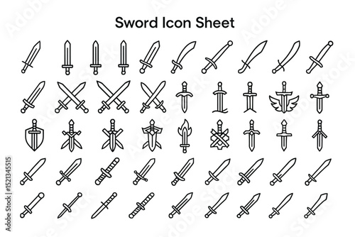Sword Icon Sheet: An illustrative overview showcases a diverse array of sword icons, each meticulously designed in a minimalist aesthetic, ready to be incorporated into your creative projects. 