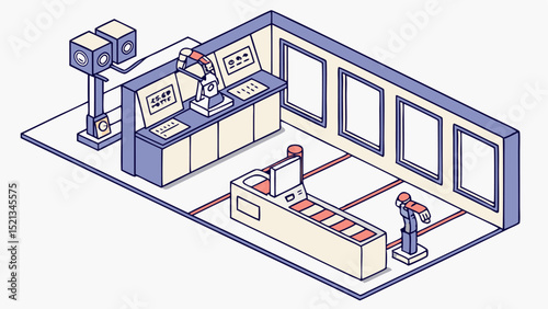 Isometric view of a factory floor with robotic arms, conveyor belt, and control panels in a clean setting